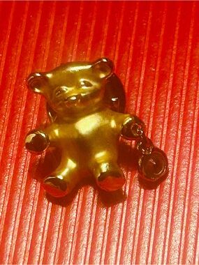 READY TEDDY Weird Little Vintage Bear Lapel Pin w/Tiny Rhinestone Hanging Charm